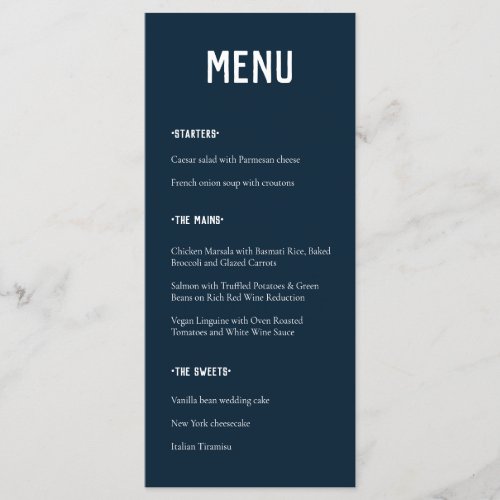 Modern Minimal Navy Blue Typography Wedding Menu