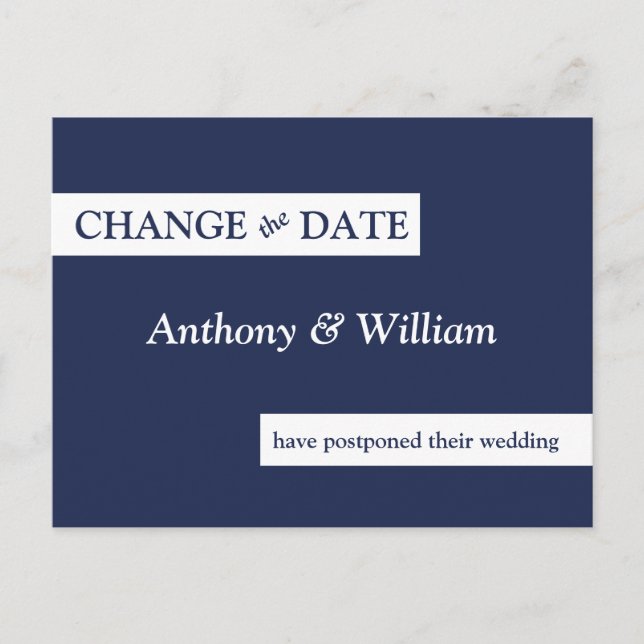 Modern Minimal Navy Blue Wedding Change the Date Postcard (Front)