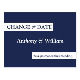 Modern Minimal Navy Blue Wedding Change the Date Postcard