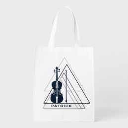Modern Minimal Navy Blue &amp; White Violin Designer Grocery Bag