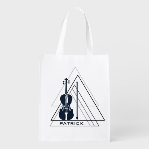 Modern Minimal Navy Blue  White Violin Designer Grocery Bag