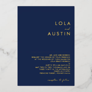 Modern Minimal Navy Gold Traditional Wedding Real Foil Invitation