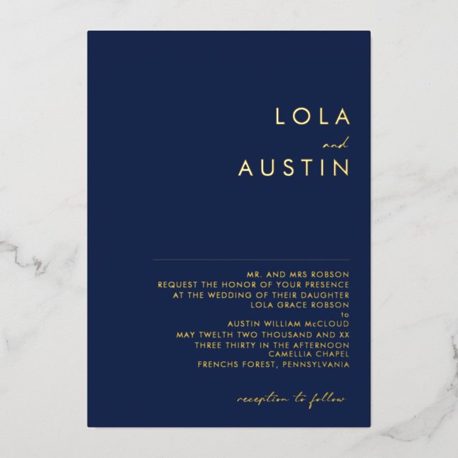 Modern Minimal Navy Gold Traditional Wedding Real Foil Invitation (Front)