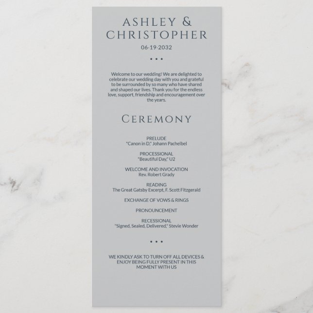 Modern Minimal Navy & Gray Wedding Ceremony Program (Front)