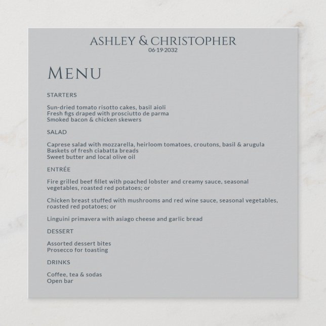 Modern Minimal Navy & Gray Wedding Reception Menu (Front)
