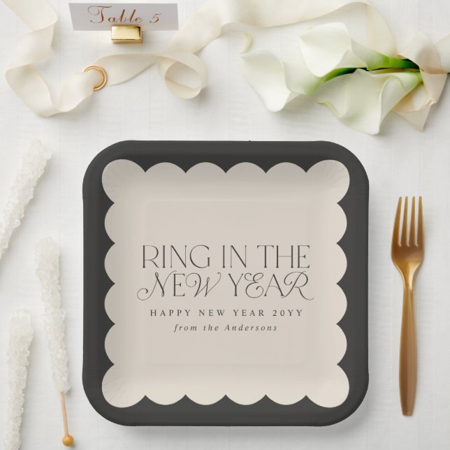 Modern minimal new year black holiday wavy edge paper plates (Wedding)