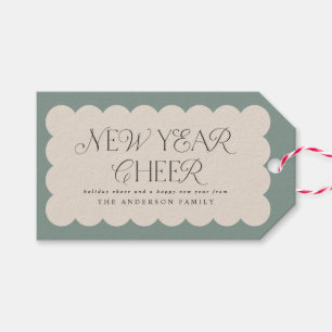 Modern minimal new year sage green retro wavy edge gift tags