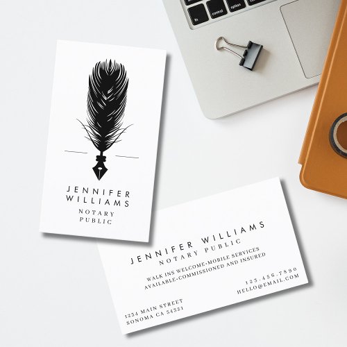 Modern Minimal Notary Public Quill Feather Business Card