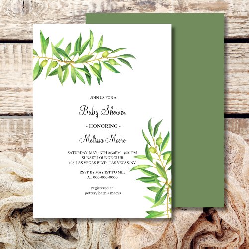 Modern minimal olive branch baby shower invitation