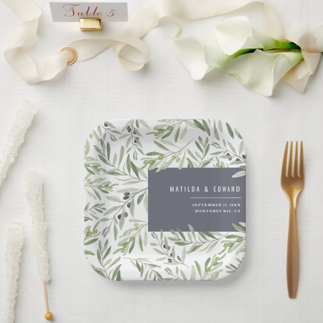 Modern minimal olive branch botanical wedding paper plates (Wedding)