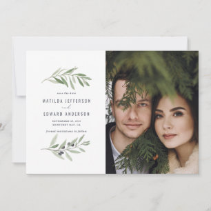 Modern minimal olive branch foliage photo wedding announcement