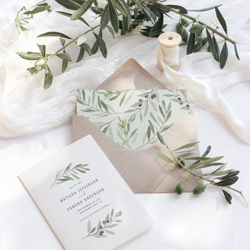 Modern minimal olive branch foliage sage wedding announcement