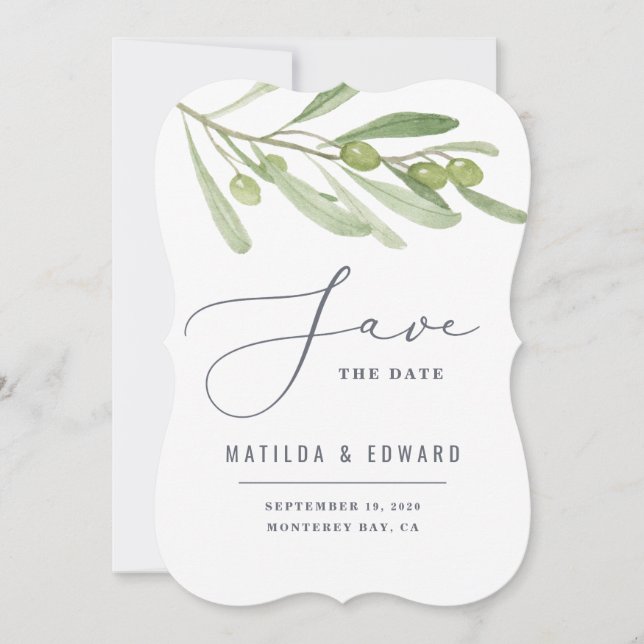 Modern minimal olive branch foliage sage wedding announcement (Front)