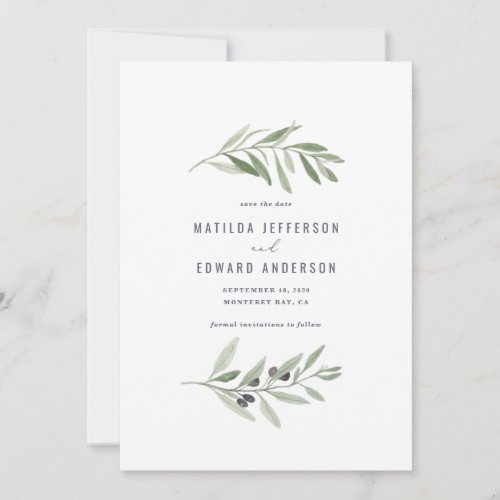 Modern minimal olive branch foliage wedding announcement