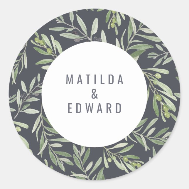 Modern minimal olive branch foliage wedding classic round sticker (Front)