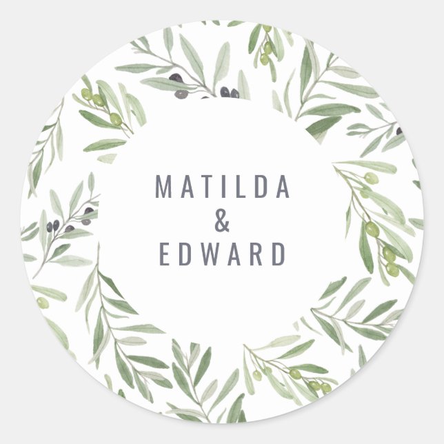 Modern minimal olive branch foliage wedding classic round sticker (Front)