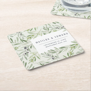 Modern minimal olive branch foliage wedding napkin square paper coaster