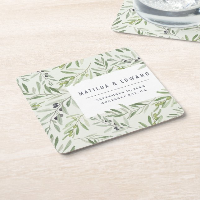 Modern minimal olive branch foliage wedding napkin square paper coaster (Angled)