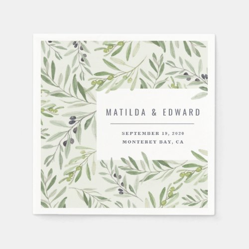 Modern minimal olive branch foliage wedding napkins