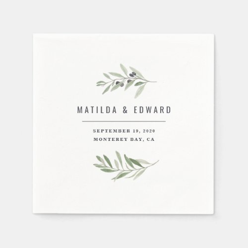 Modern minimal olive branch foliage wedding napkins
