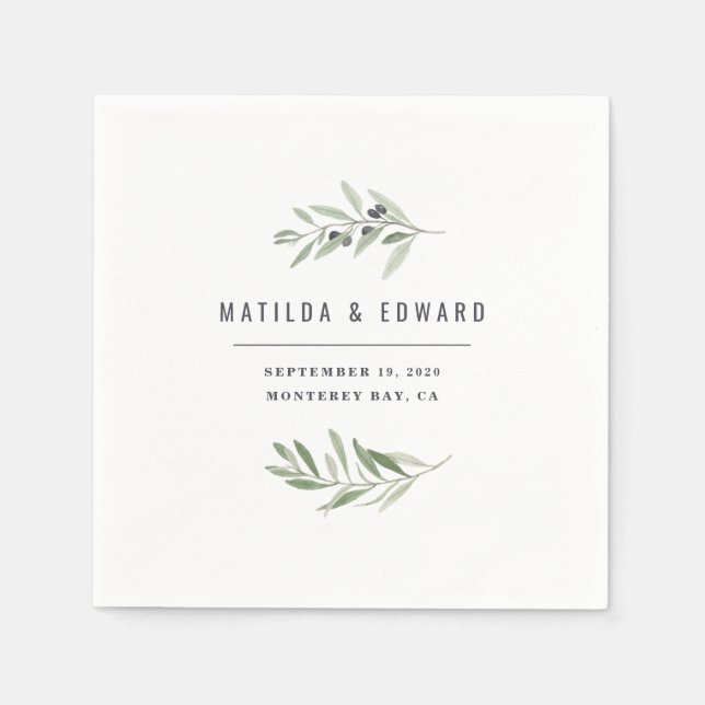 Modern minimal olive branch foliage wedding napkins (Front)
