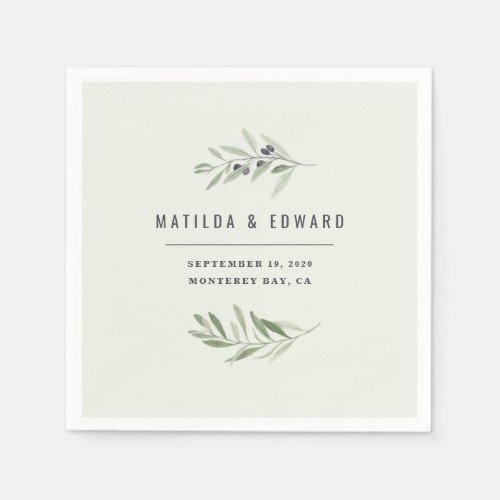 Modern minimal olive branch foliage wedding napkins