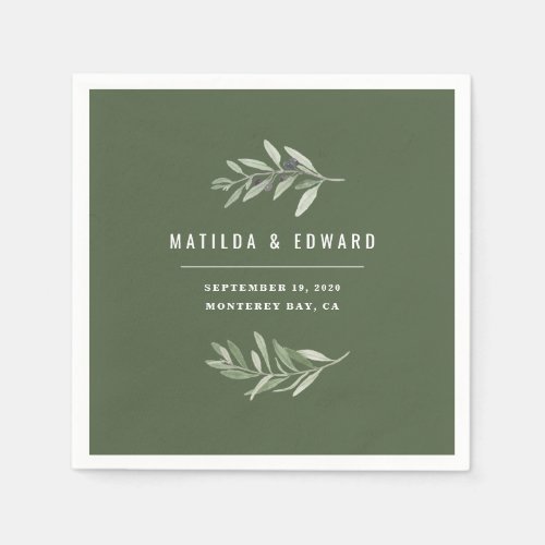 Modern minimal olive branch foliage wedding napkins