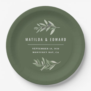 Modern minimal olive branch foliage wedding party paper plates
