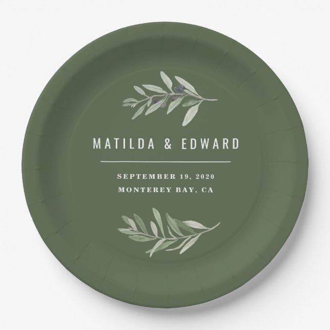 Modern minimal olive branch foliage wedding party paper plates (Front)
