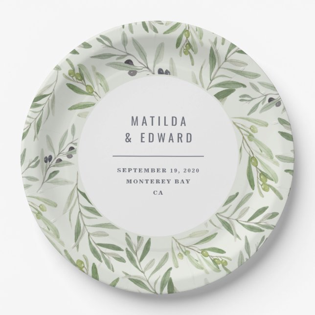 Modern minimal olive branch foliage wedding party paper plates (Front)
