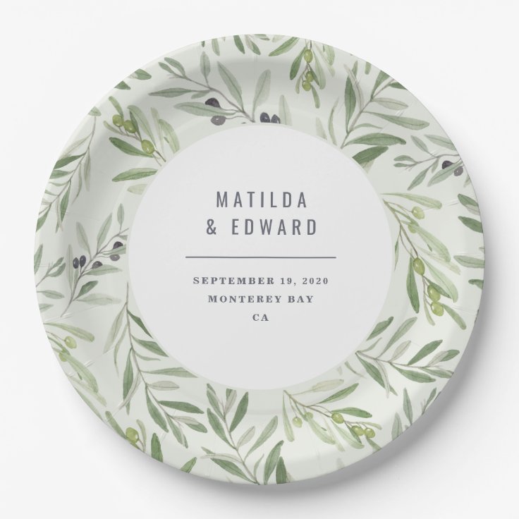 Modern minimal olive branch foliage wedding party paper plates Zazzle