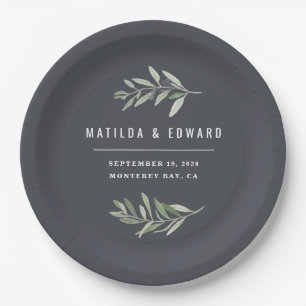 Modern minimal olive branch foliage wedding party paper plates