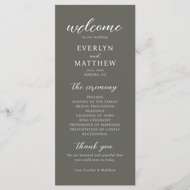 Modern Minimal Olive Gray Wedding Ceremony Program (Front)