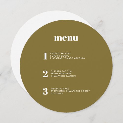 Modern Minimal Olive Green Round Circle Wedding Menu