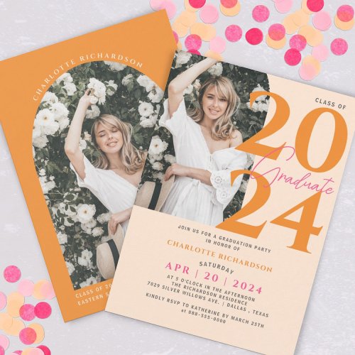 Modern Minimal Orange Girly Graduation Party Photo Invitation