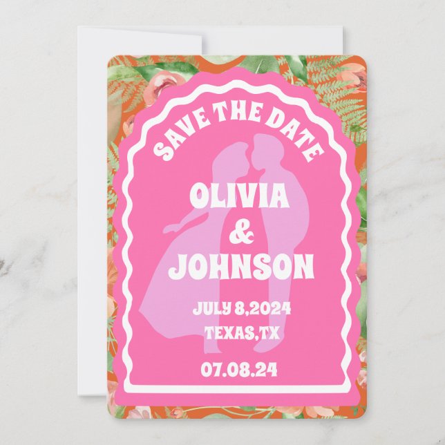 Modern Minimal Orange Retro Floral Arch Bold Date Save The Date (Front)