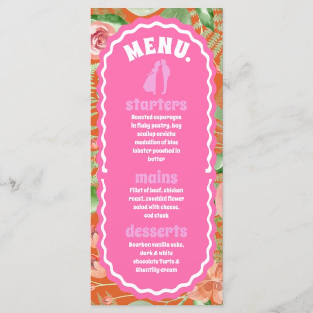 Modern Minimal Orange Retro Floral Arch Menu (Front)