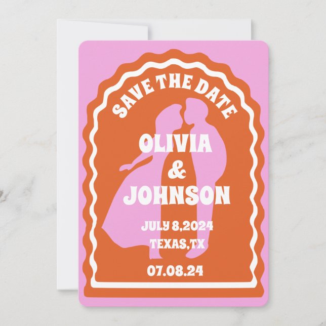 Modern Minimal Orange Retro Wavy Arch Bold Date Save The Date (Front)