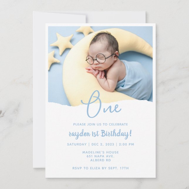Modern Minimal Pale Blue 1st Birthday Photo Invitation (Front)