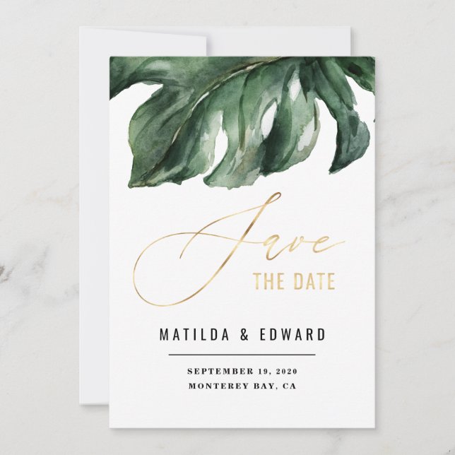 Modern minimal palm leaf gold wedding announcement (Front)