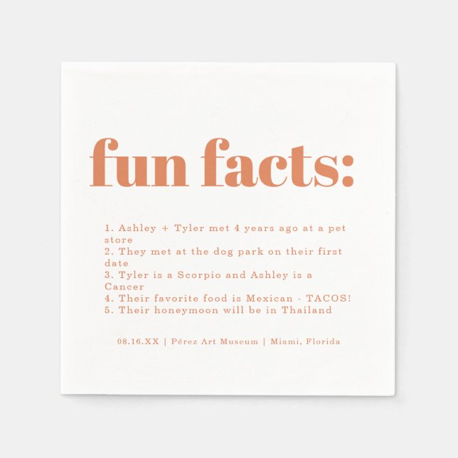 Modern Minimal Papaya | Fun Facts Wedding Napkins (Front)
