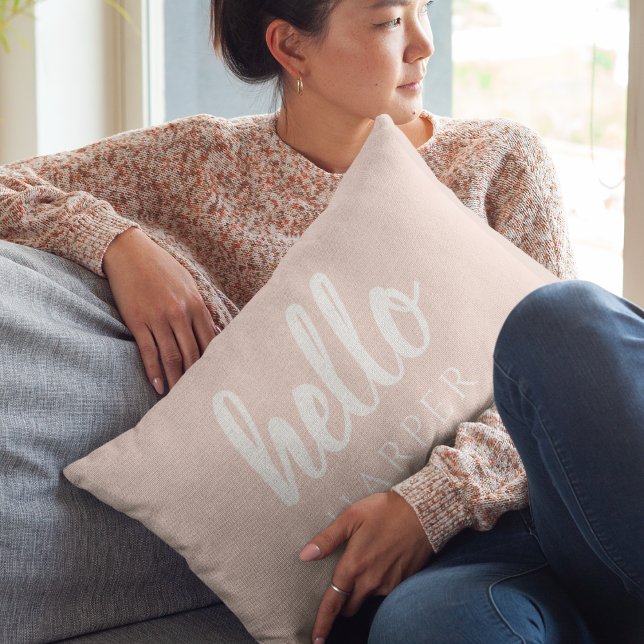 Modern Minimal Pastel Pink Hello And You Name Accent Pillow (Creator Uploaded)