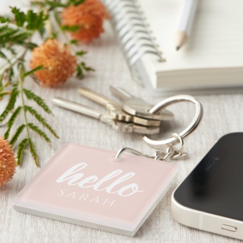 Modern Minimal Pastel Pink Hello And You Name Keychain