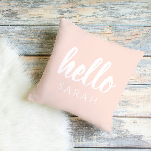 Modern Minimal Pastel Pink Hello And You Name Outdoor Pillow