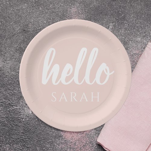 Modern Minimal Pastel Pink Hello And You Name Paper Plates