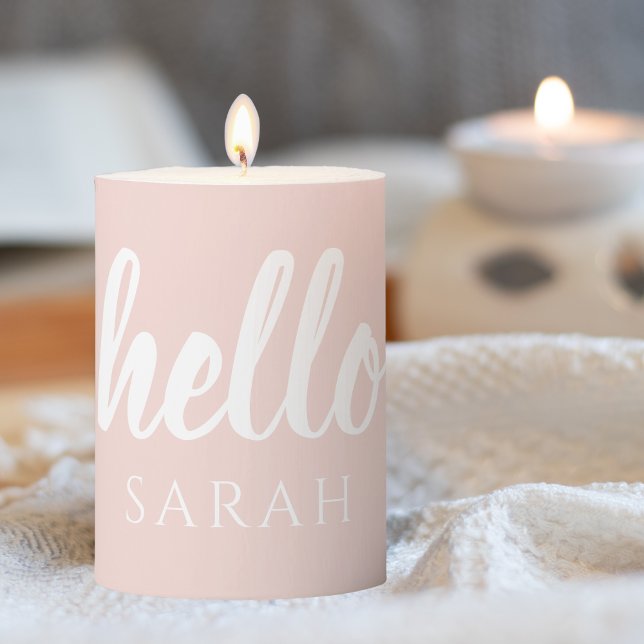 Modern Minimal Pastel Pink Hello And You Name Pillar Candle (Creator Uploaded)