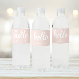 Modern Minimal Pastel Pink Hello And You Name Water Bottle Label