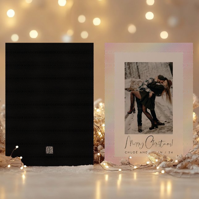 Modern Minimal Pastel Wavy Guilloché Couple Photo Holiday Card (Creator Uploaded)