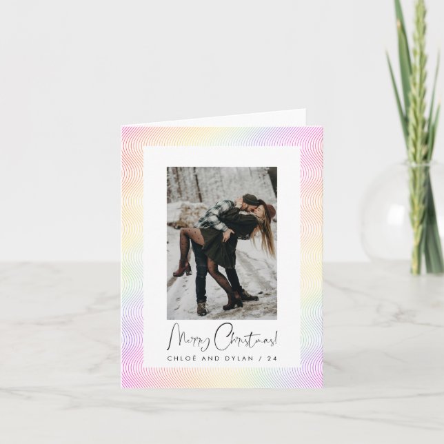 Modern Minimal Pastel Wavy Guilloché Couple Photo Holiday Card (Front)