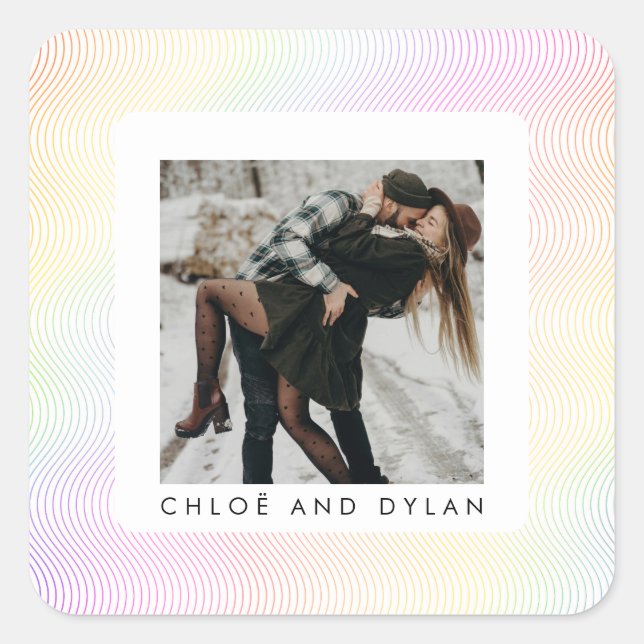 Modern Minimal Pastel Wavy Guilloché Couple Photo Square Sticker (Front)
